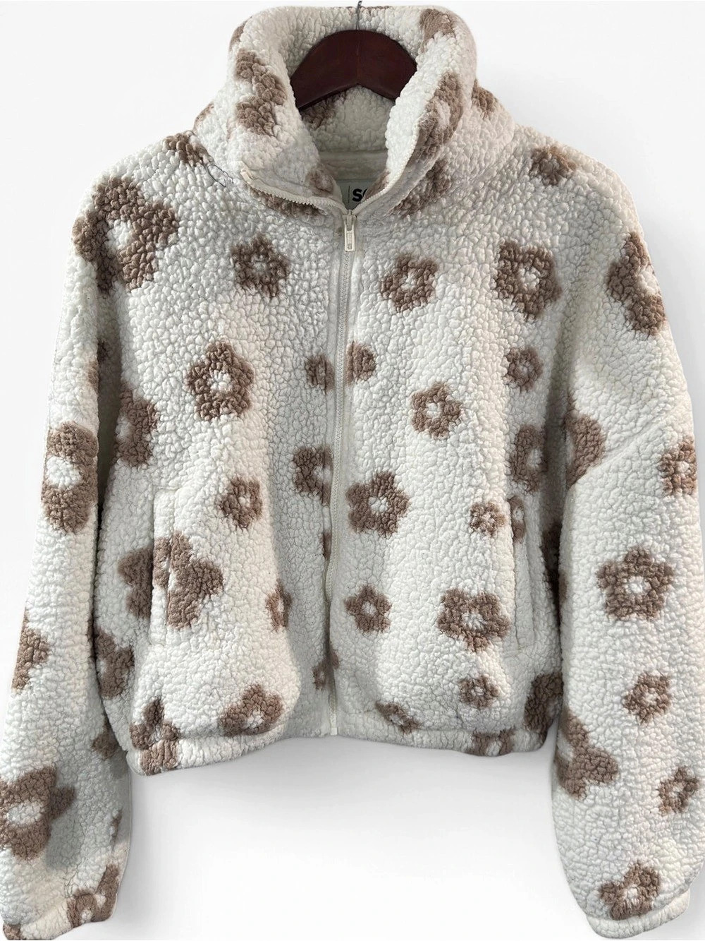 SO Floral Fleece Jacket White with Brown Flowers